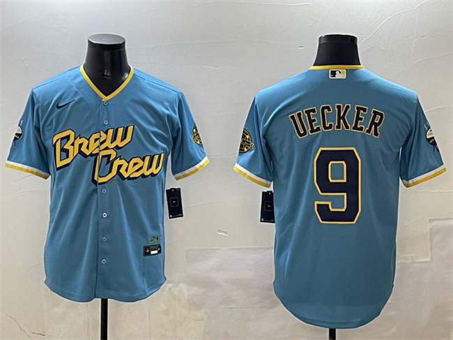 Men's Milwaukee Brewers #9 Bob Uecker Powder Blue City Connect With Patch Cool Base Stitched Jersey Men's Milwaukee Brewers #9 Bob Uecker Powder Blue City Connect With Patch Cool Base Stitched Jersey